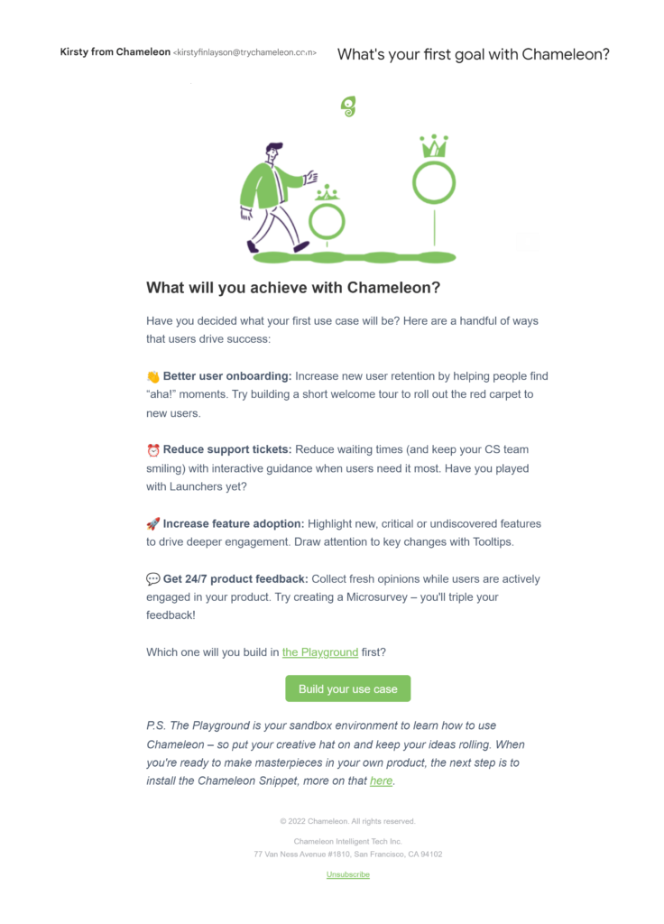 Chameleon's email onboarding message nudges towards goals