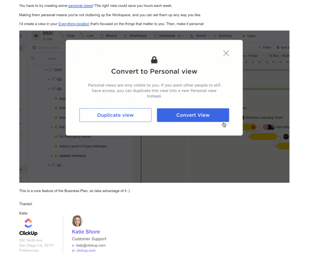 Onboarding email from ClickUp highlights features