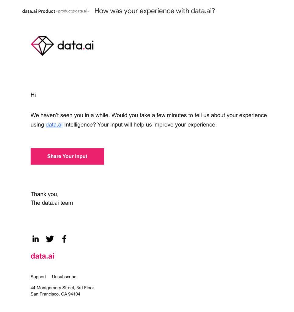 Data.ai asks for feedback in their onboarding sequence