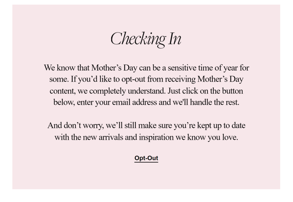 David Jones shows empathy offering subscribers to opt out of Mother's Day comms