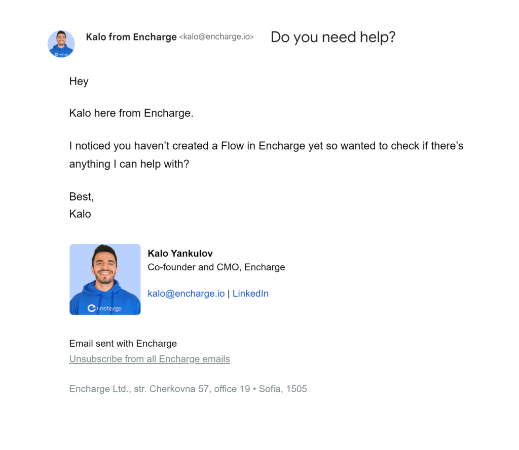 Encharge onboarding message offers assitance