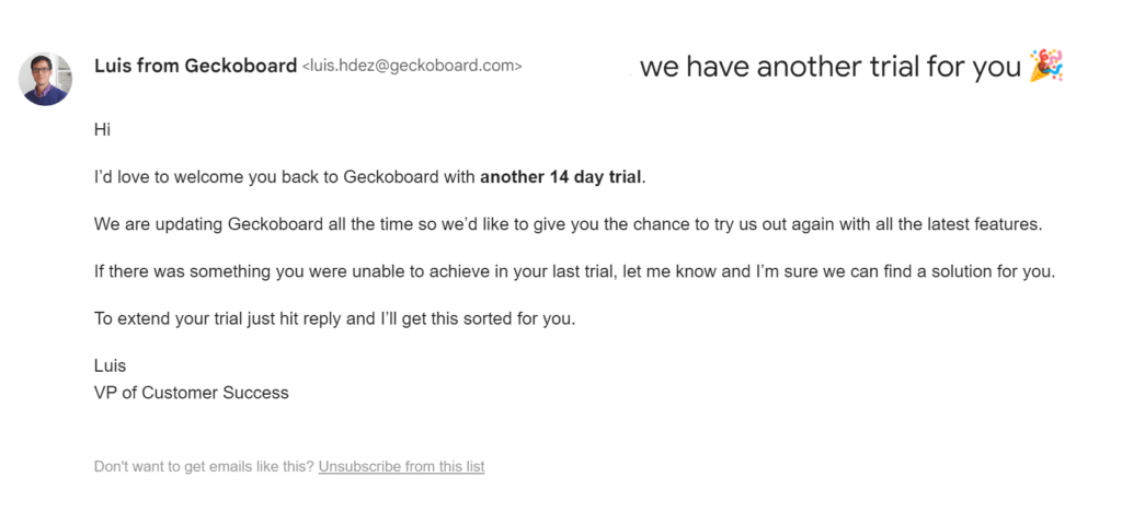 Gekoboard extends free trial in onboarding email