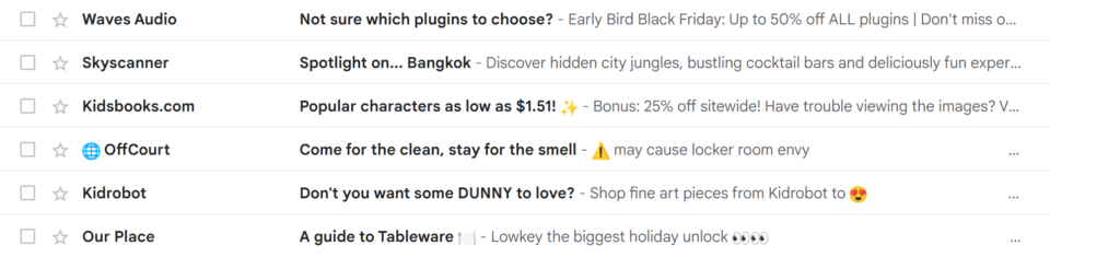 Variety of email previews with eye-catching content