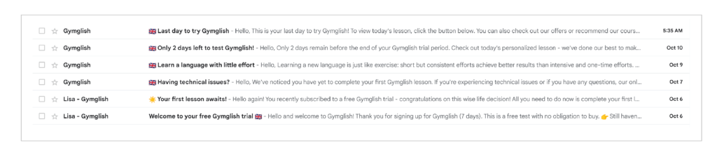 Gymglish onboarding sequence shows branching logic via subject lines