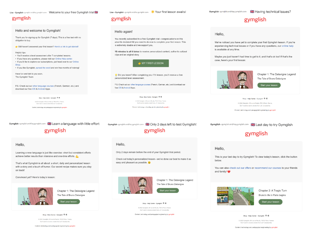 Gymlish six onboarding emails with different messages