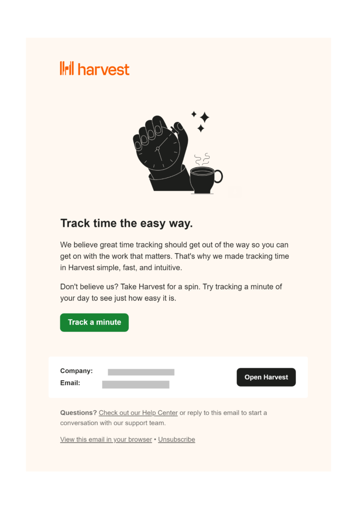 Harvest's 2nd onboarding email emphasizes quick time-to-use
