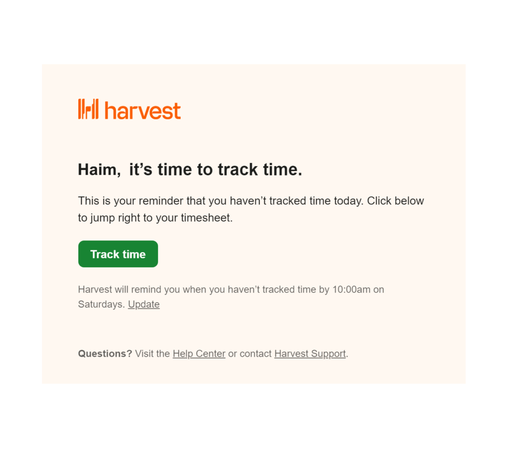 Harvest's 3rd onboarding email reminds users to track time