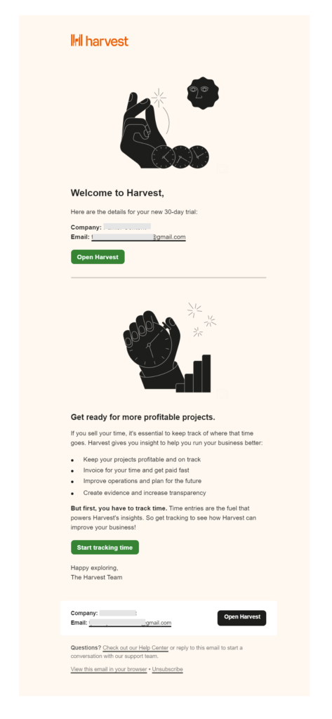 Harvest's 1st onboarding email explains benefits and usage