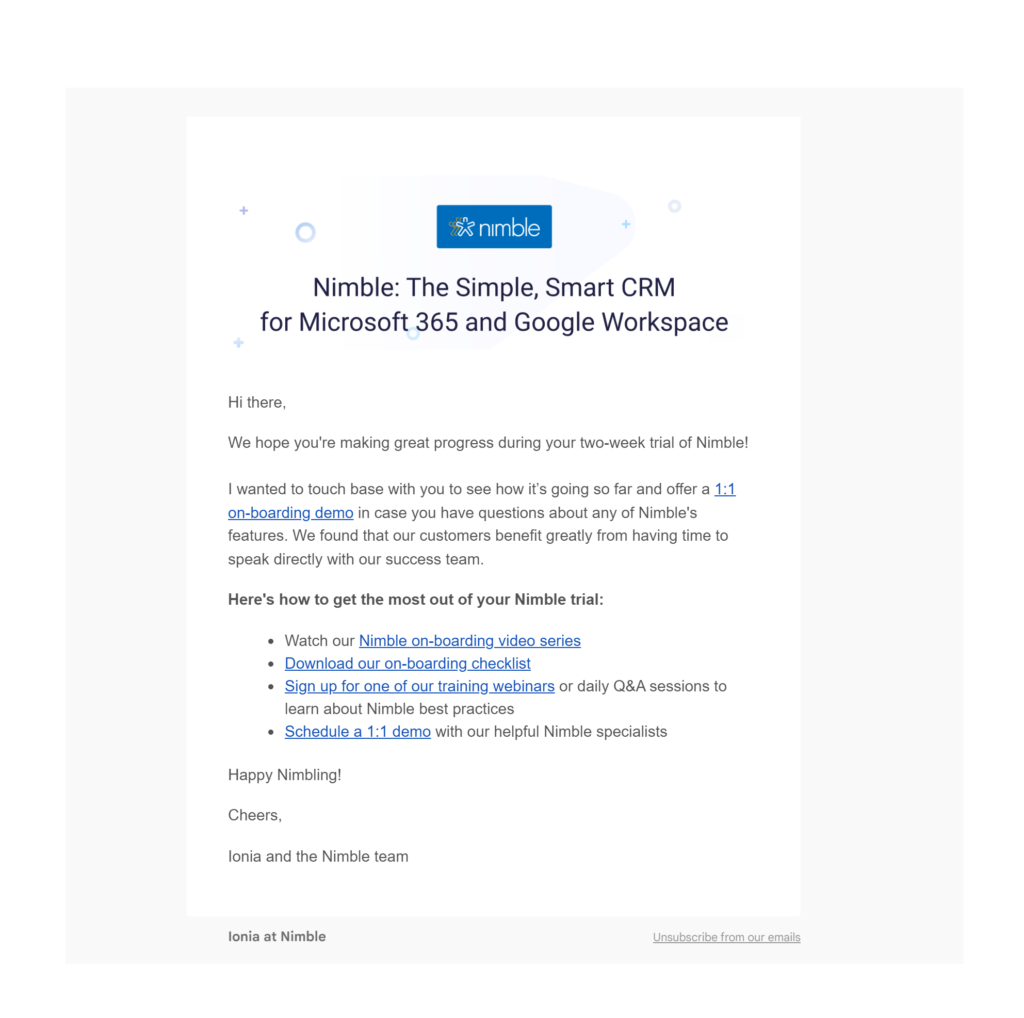 Nimble's get started email has tips for new users