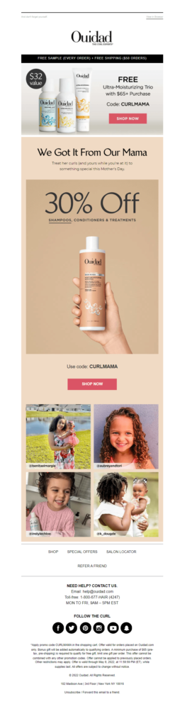 Ouidad 30% off Mother's Day promo