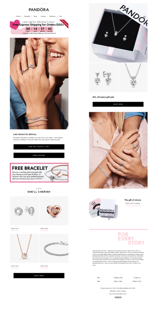Pandora free express shipping offer for Mother's Day