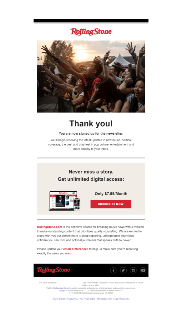 Rolling Stone's thank you email for new subscribers