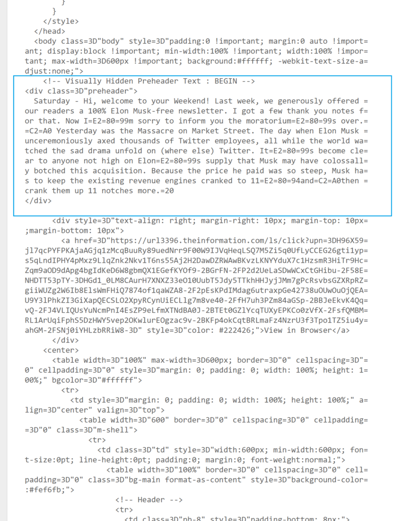 HTML code showing pre-header text
