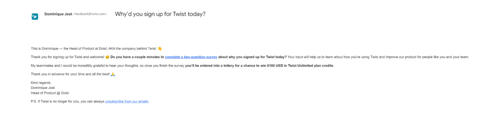 Twist's 2nd onboarding email asks feedback