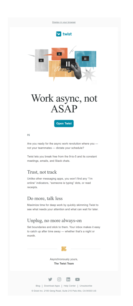 Twist's 1st onboarding email highlights benefits