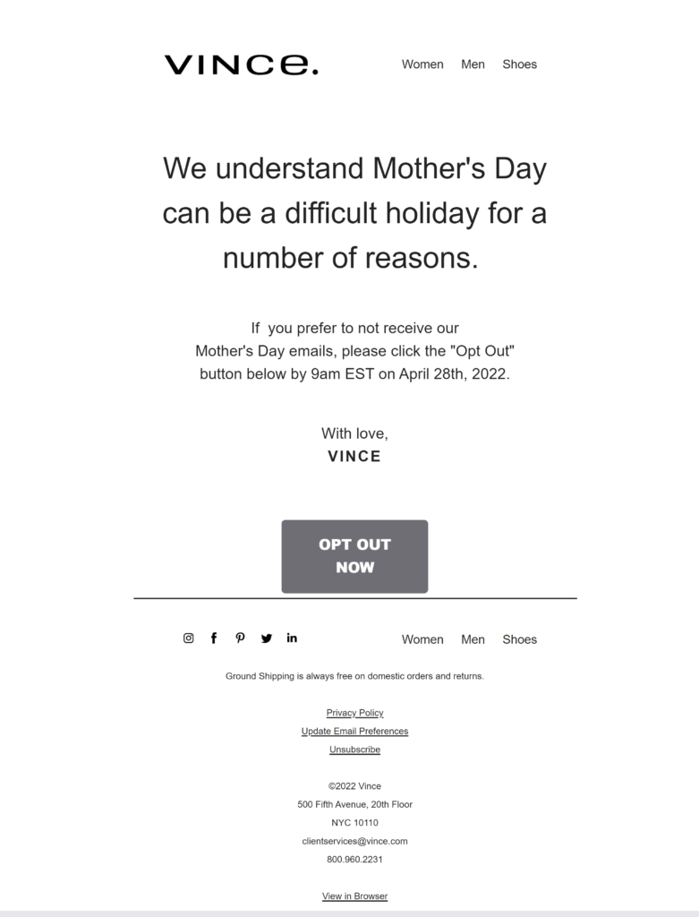 Vince's opt-out email from Mother's Day emails