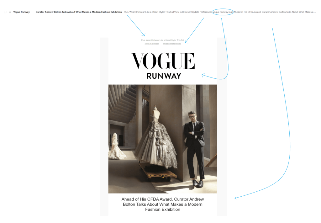 Vogue newsletter showing preview and preheader text