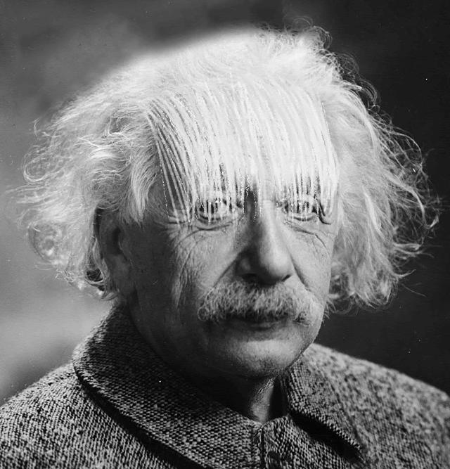 Animated GIF shows A Einstein blowing bangs out of eyes  