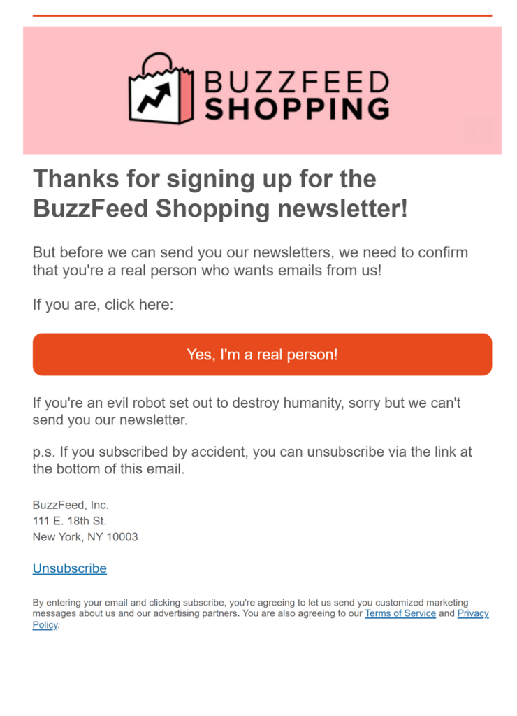 HTML double opt in email with witty message and CTA from BuzzFeed Shopping 