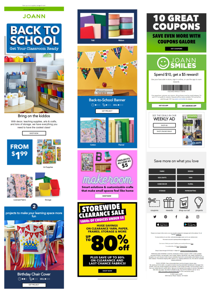 JoAnne Crafts back to school for teachers email campaign 2023