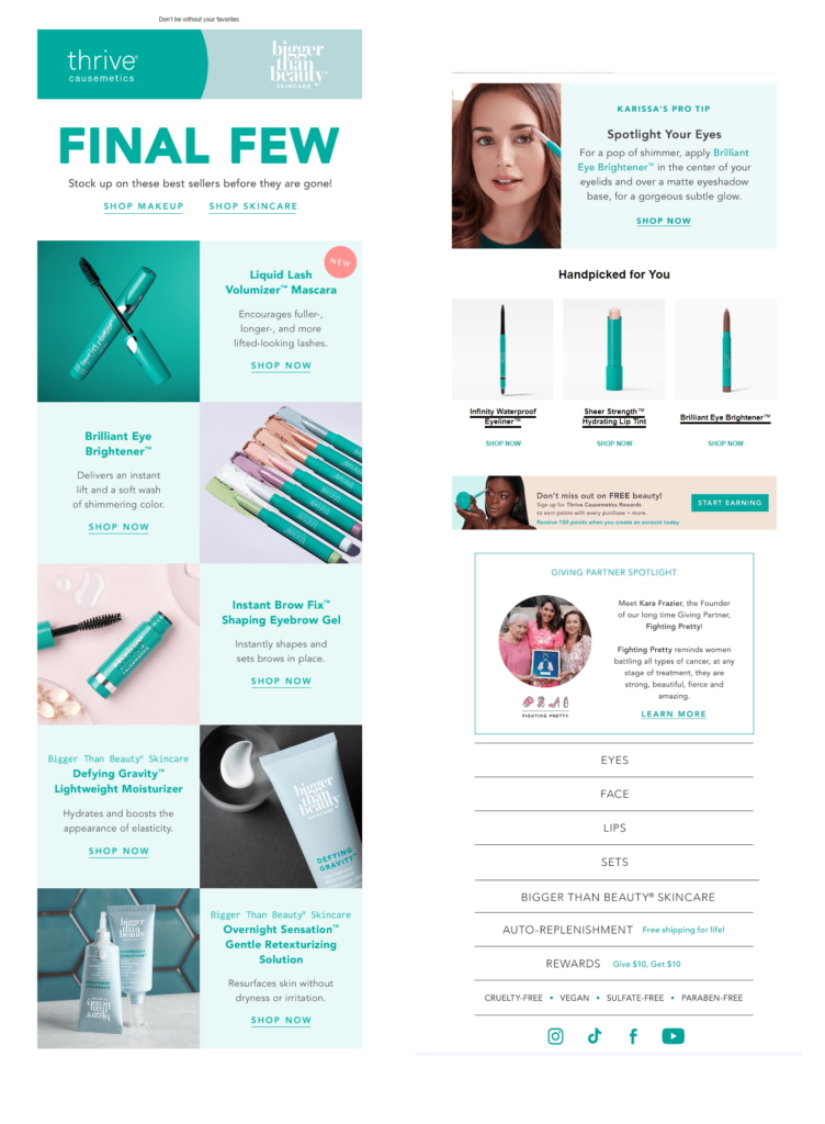 Thrive Causmetics low inventory email alert 2023