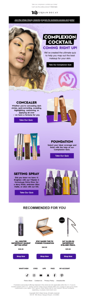Urban Decay Beauty Quiz engagement email 2023