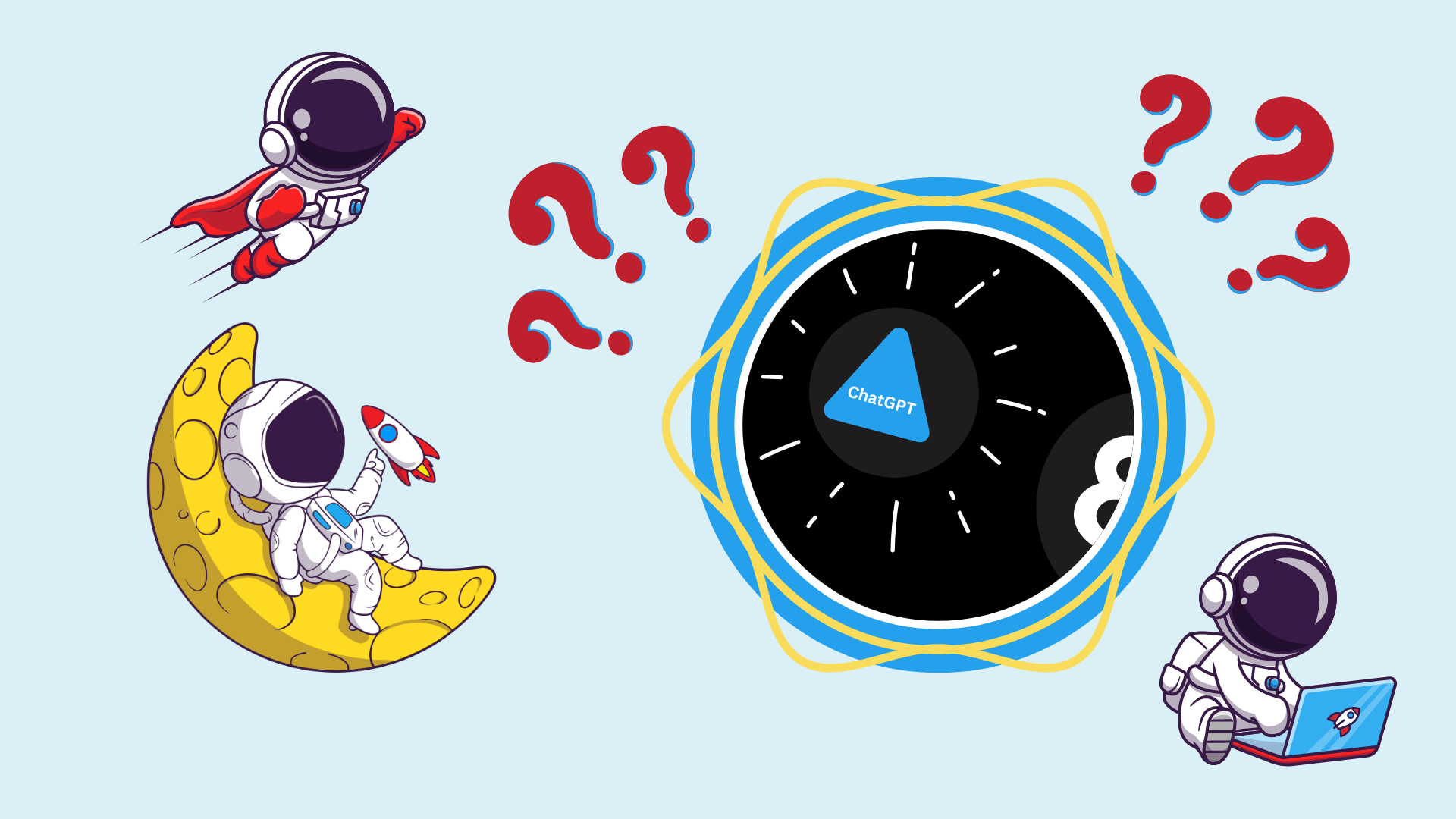 A light blue banner showing cartoon style illustrations of a magic 8 ball surrounded by question marks and astronauts using a laptop, lounging on the moon and flying like a superhero.