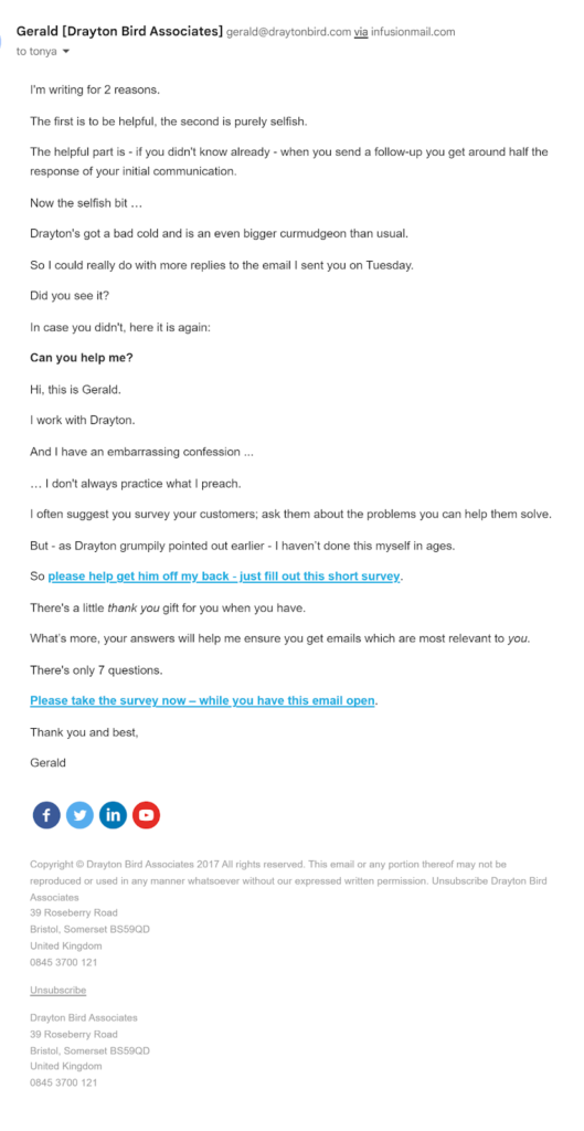 HTML lite email is a series of lines of text using oops style humor to ask for help to complete a survey for B2B business.