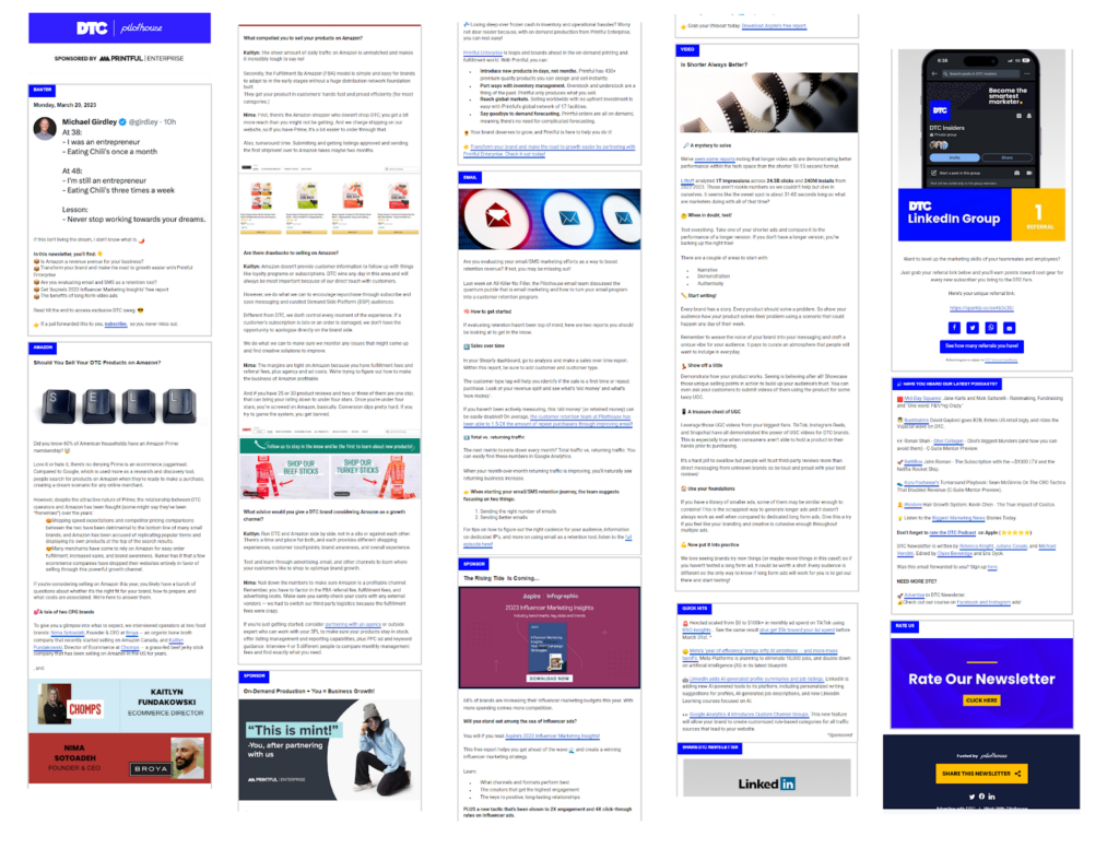 Very long multi panel mostly text B2B ecommerce  industry newsletter with images, emojis and formatting to break up sections. Incorporates social media content and referral request.