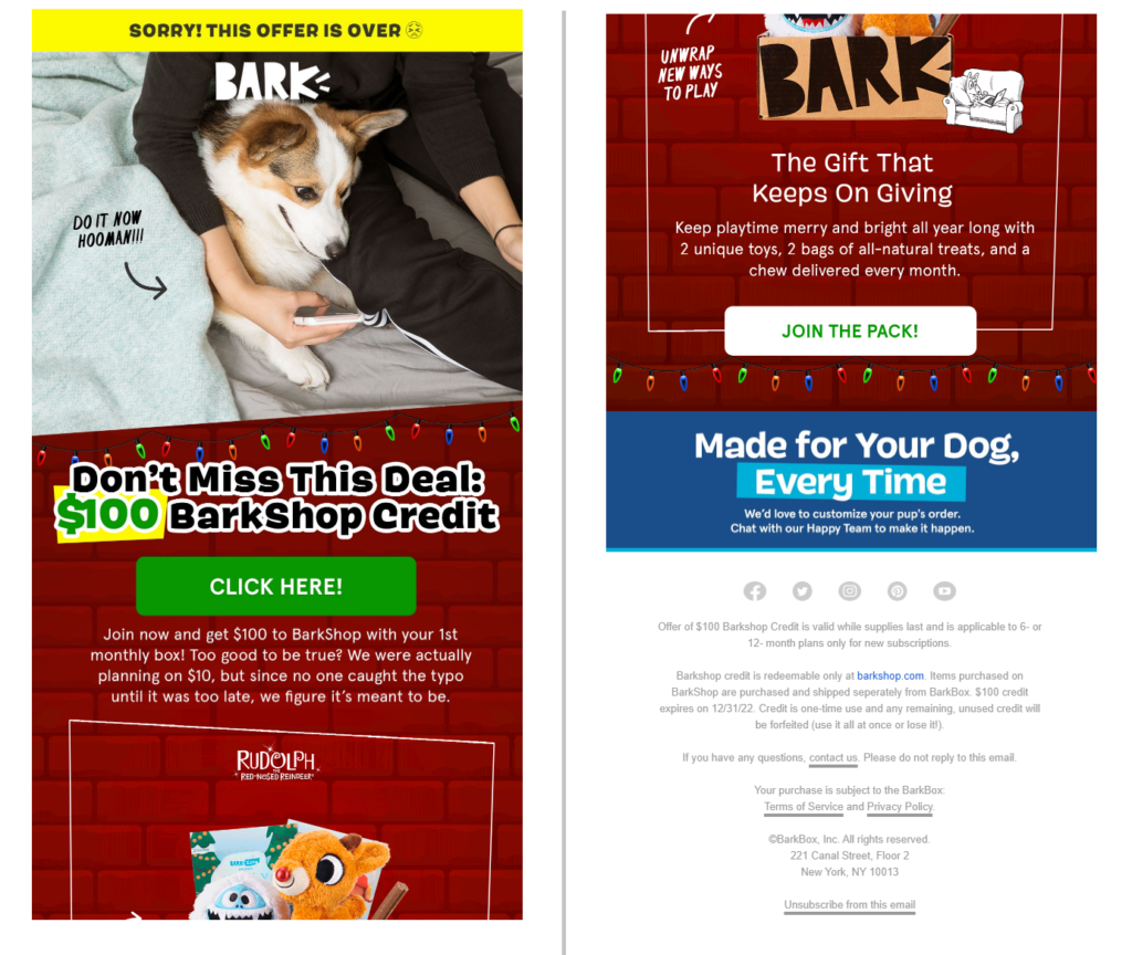 Cute image of dog looking surprised because of a typo tops this email which includes a special seasonal discount offer from subscription DTC pet brand BarkBox.