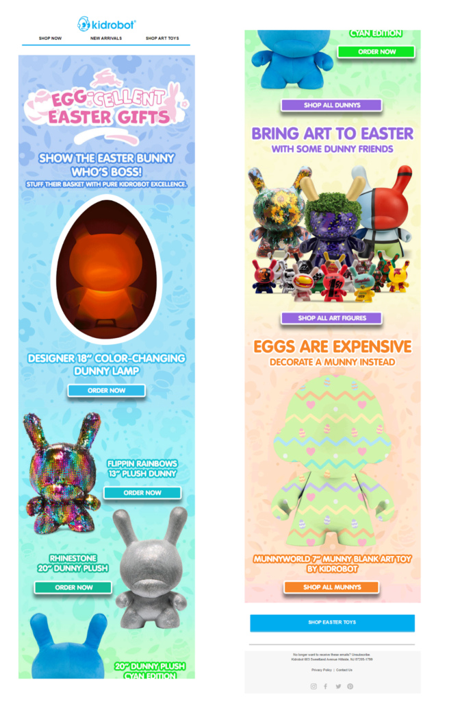 Easter themed promo email newsletter shows assortment of collectable toy Dunny sculptures and funny commentary