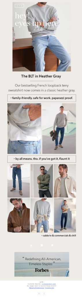 This email in shades of denim blue, white and grey features modeled images of a sweater and jeans with accompanying copy in black and white. A bottom panel includes an ad for Forbes. 